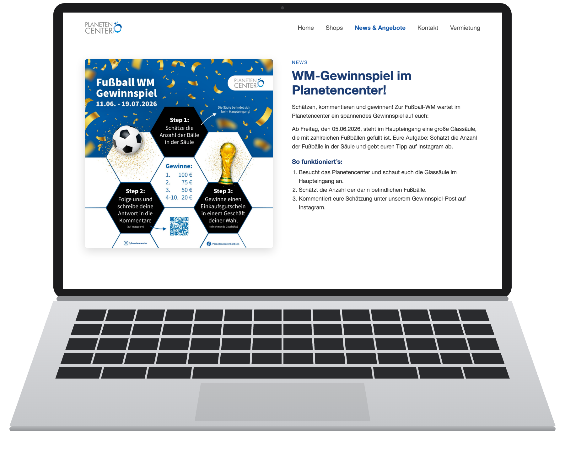 Laptop mit dem Beitrag zum WM Gewinnspiel auf der Website des Planetencenters